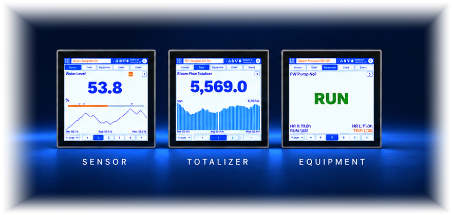 Three aligned OctaEdge touchscreen views for Sensor, Totalizer and Equipment