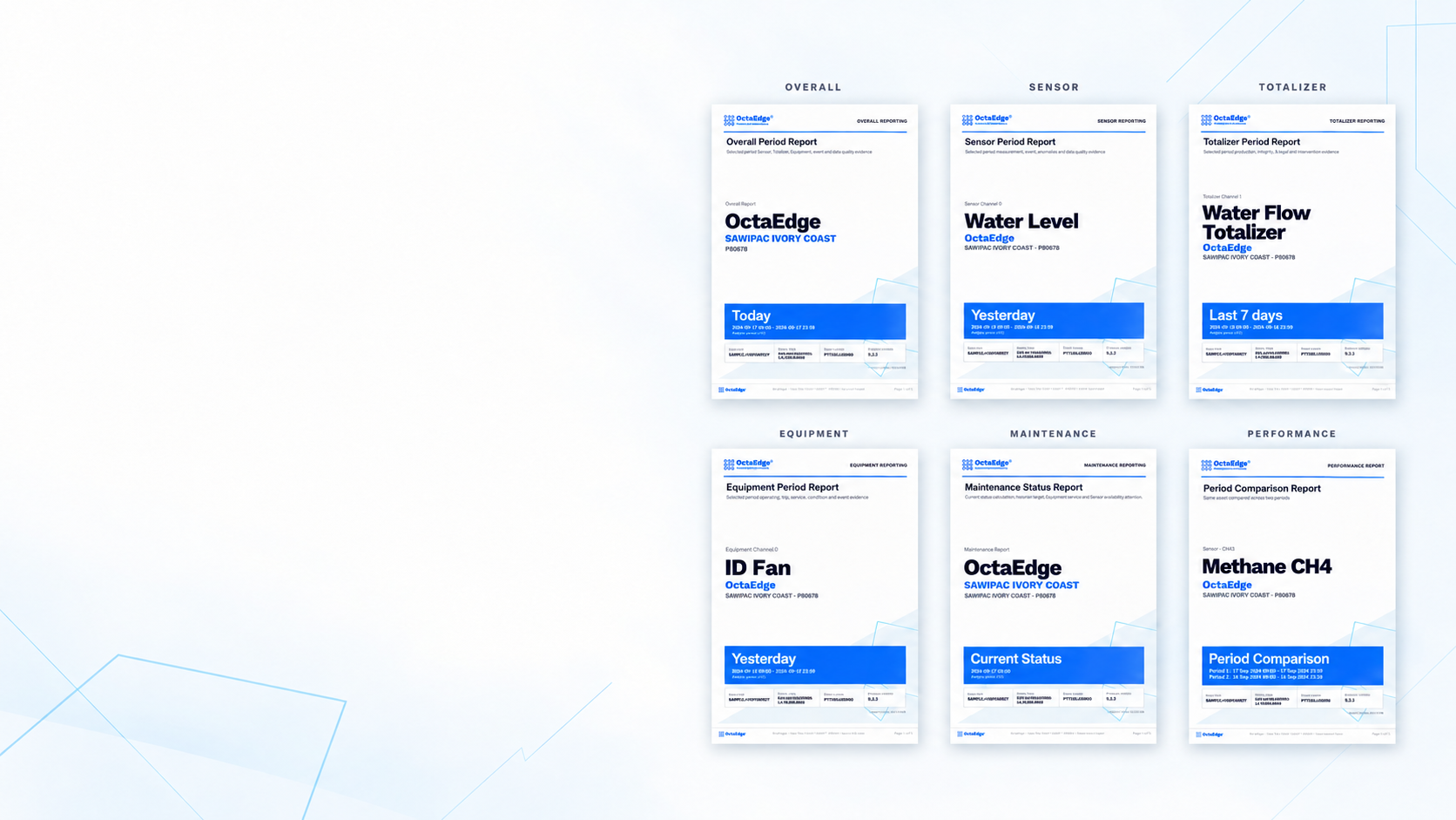 Six OctaEdge report types covering overall, sensor, totalizer, equipment, maintenance and performance reporting